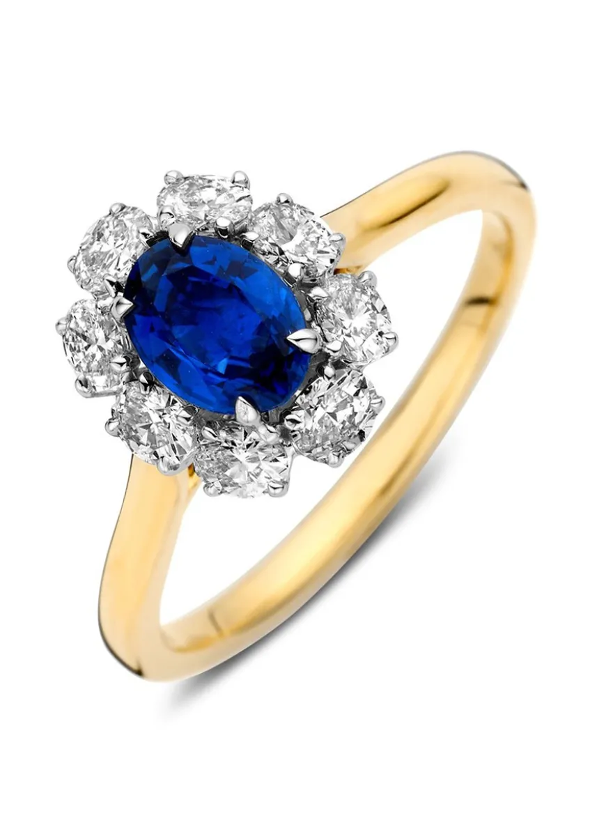 Bicolor gouden entourage ring met saffier en briljant 0,61crt + Luxe Cadeau
