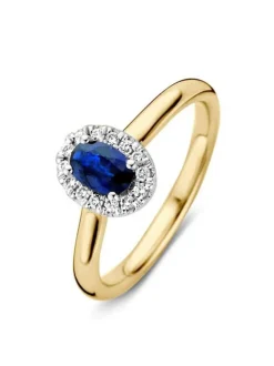 Bicolor gouden entourage ring met briljant en saffier