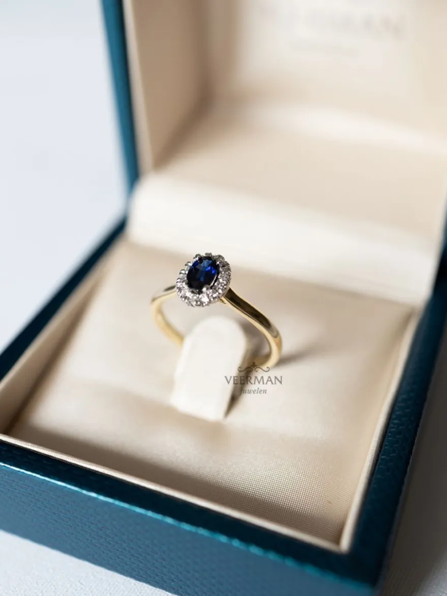 Bicolor gouden entourage ring met briljant en saffier