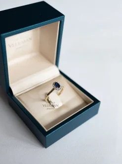 Bicolor gouden entourage ring met briljant en saffier