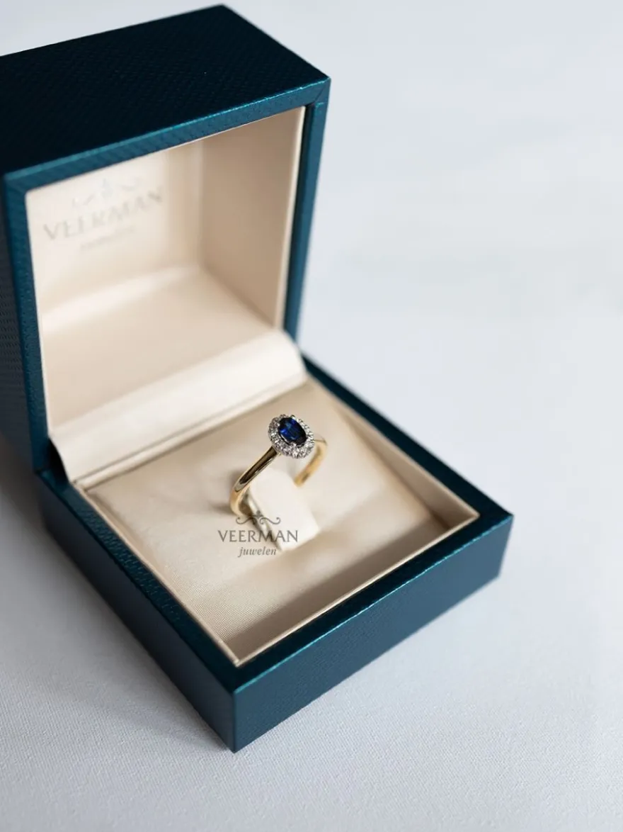 Bicolor gouden entourage ring met briljant en saffier