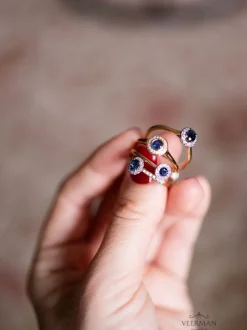 Bicolor gouden entourage ring met briljant en saffier