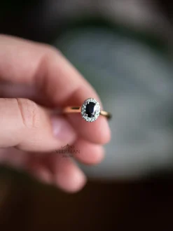 Bicolor gouden entourage ring met briljant en saffier