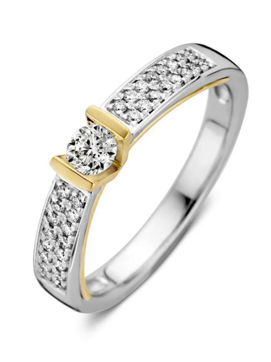 Bicolor gouden solitair ring briljant 0.38 crt. + cadeau