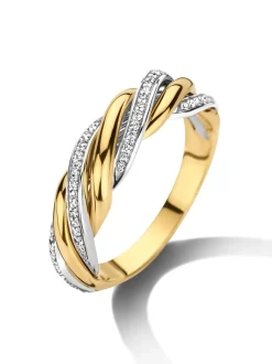 Bicolor ring met gedraaide band en diamant 0,22crt.