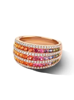 Brede roségouden ring rainbow saffier en briljant 0,52crt.