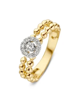 Geelgouden bolletjes ring smal met briljant 0,19crt.