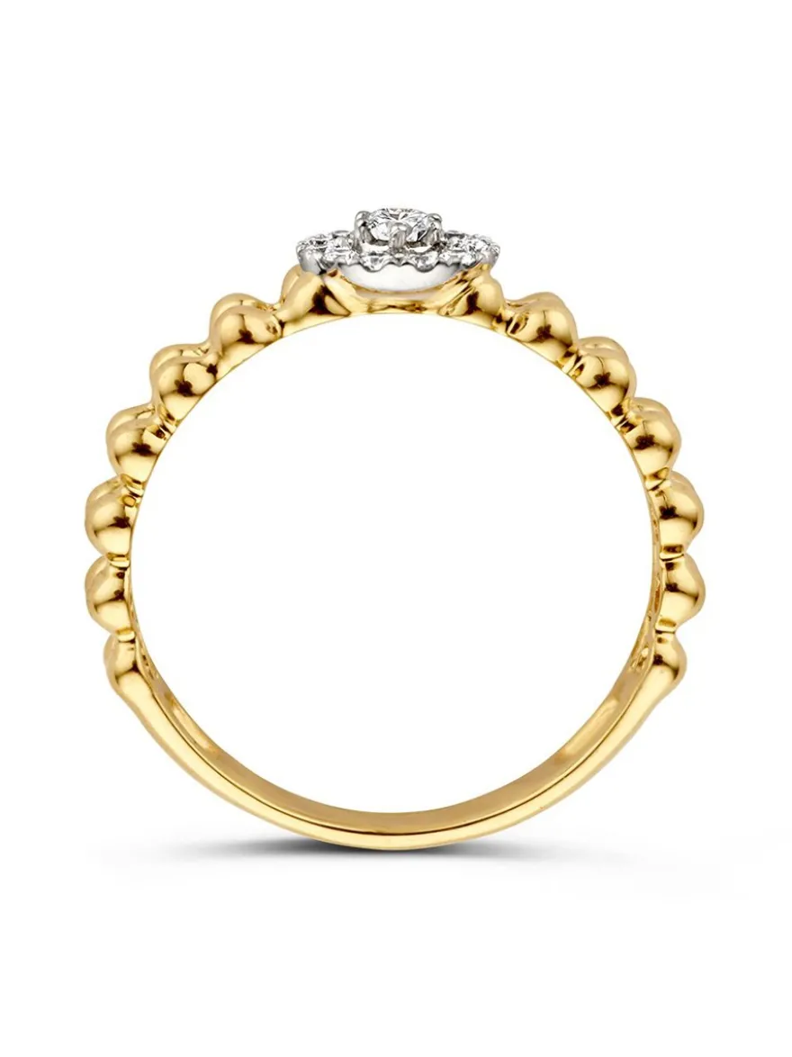 Geelgouden bolletjes ring smal met briljant 0,19crt.