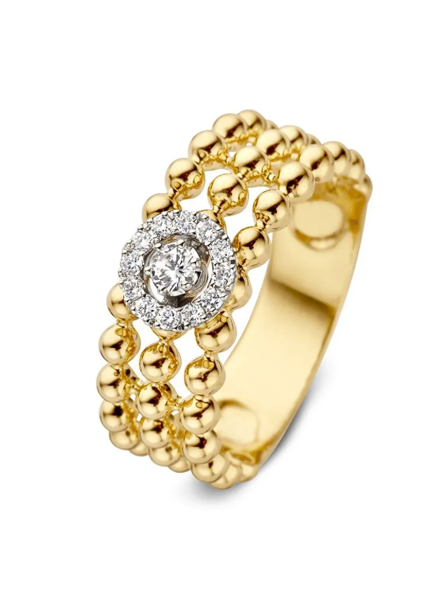 Geelgouden bolletjes ring met briljant 0,19crt. + Cadeau