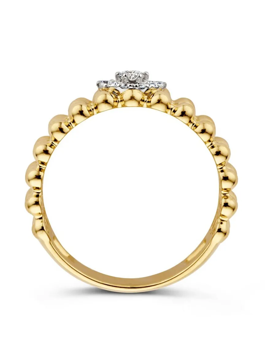 Geelgouden bolletjes ring met briljant 0,19crt. + Cadeau