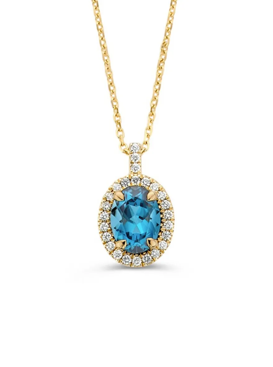 Geelgouden collier london blue topaas en briljant 0,21crt. + Luxe cadeau