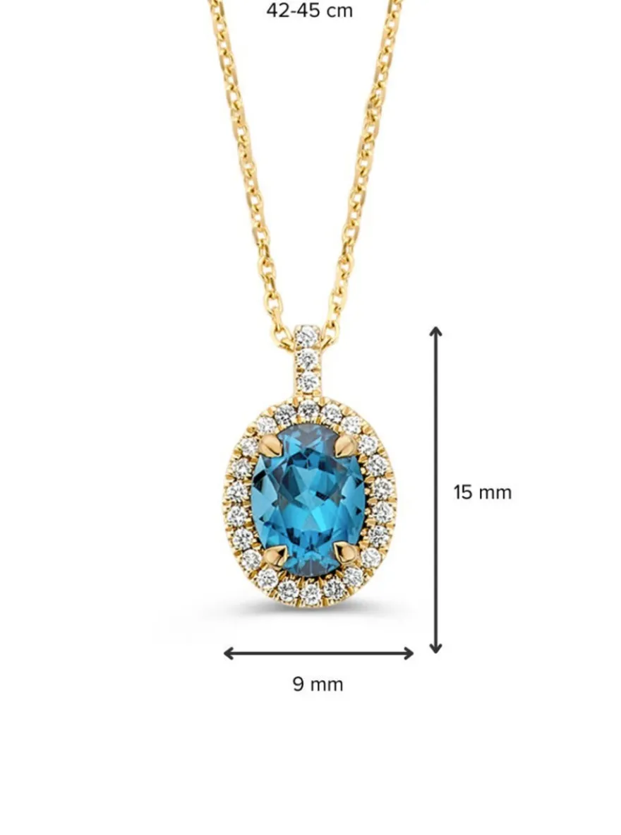 Geelgouden collier london blue topaas en briljant 0,21crt. + Luxe cadeau