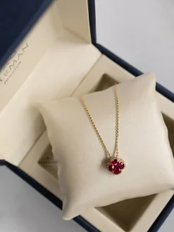 Geelgouden collier met bloem hanger robijn + Luxe cadeau