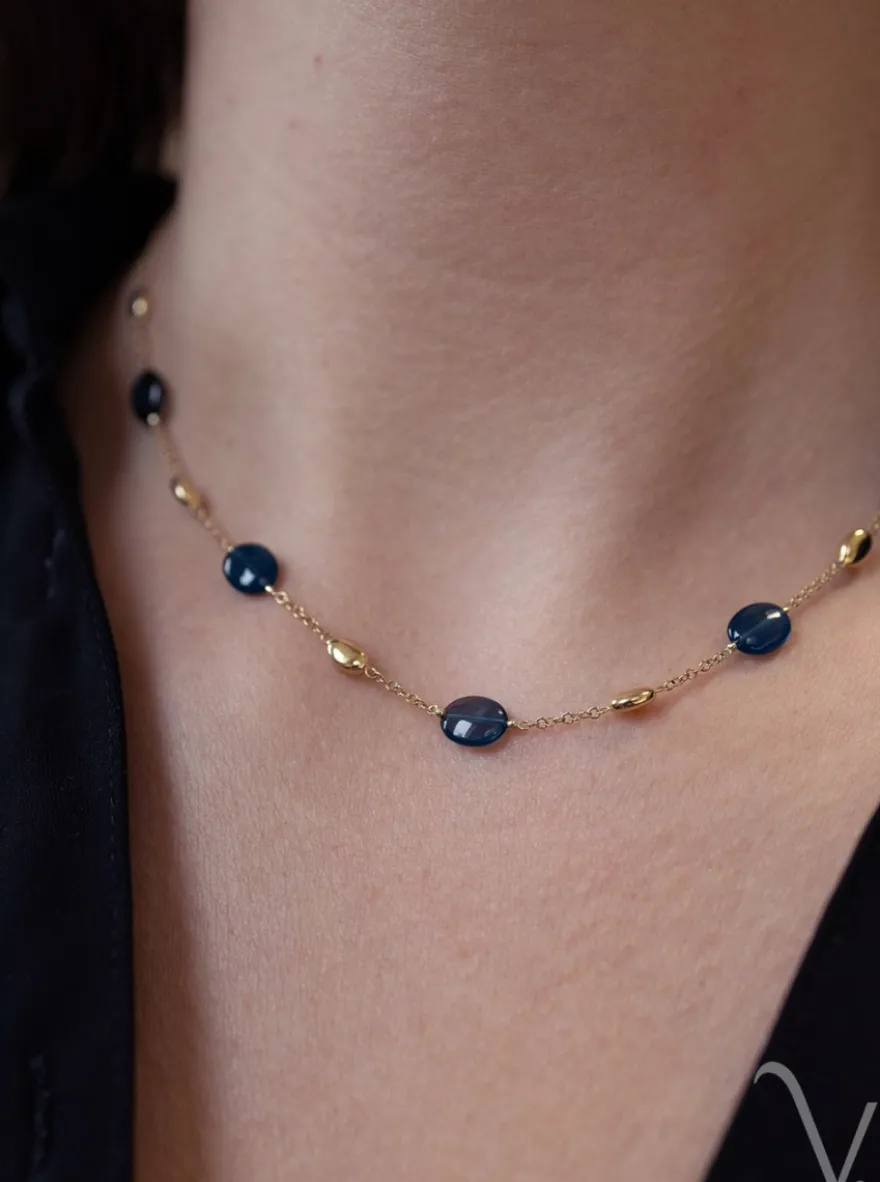 Geelgouden collier met london blue topaas + Luxe Cadeau