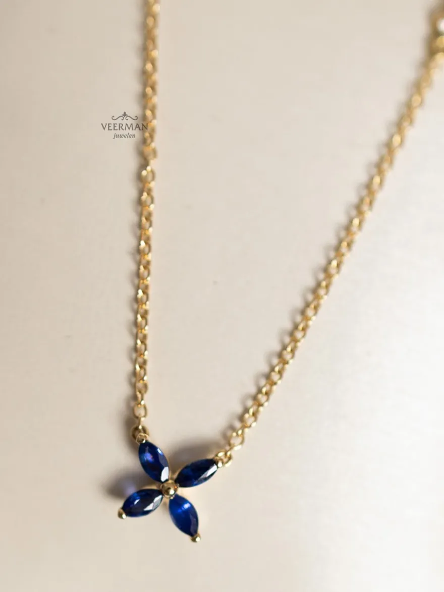 Geelgouden collier met saffier bloem + Gratis verzending