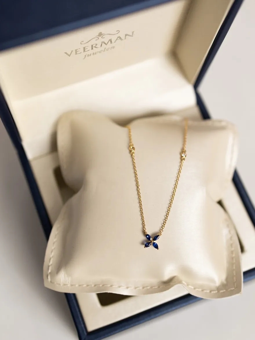 Geelgouden collier met saffier bloem + Gratis verzending