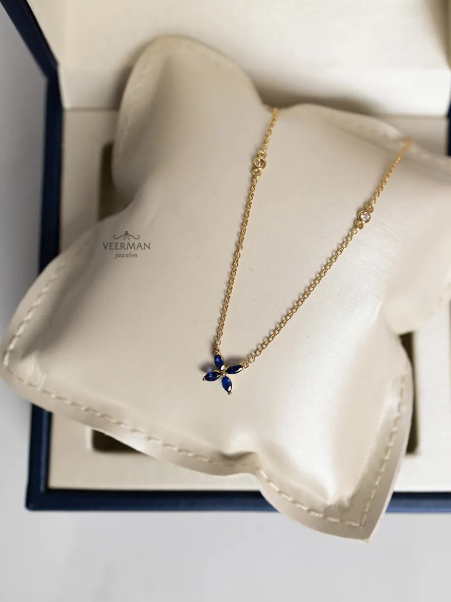 Geelgouden collier met saffier bloem + Gratis verzending