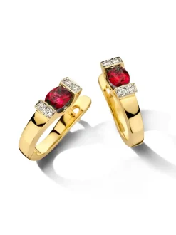 Geelgouden creolen robijn en diamant 0,08crt. + Luxe cadeau