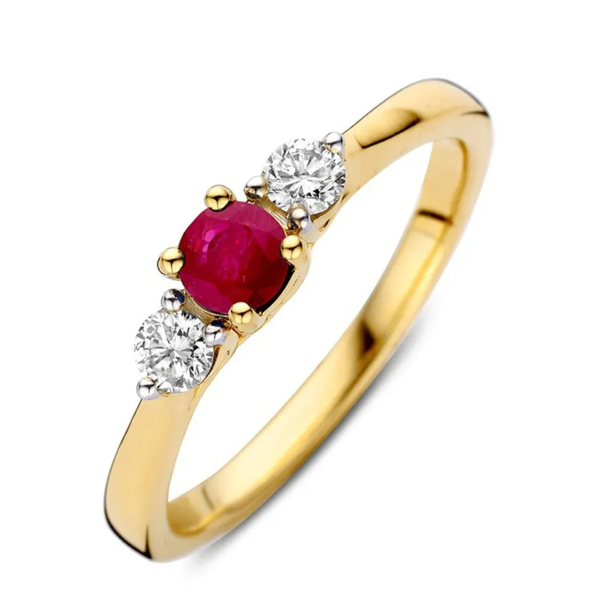 Geelgouden driesteens ring met robijn en briljant + Luxe Cadeau