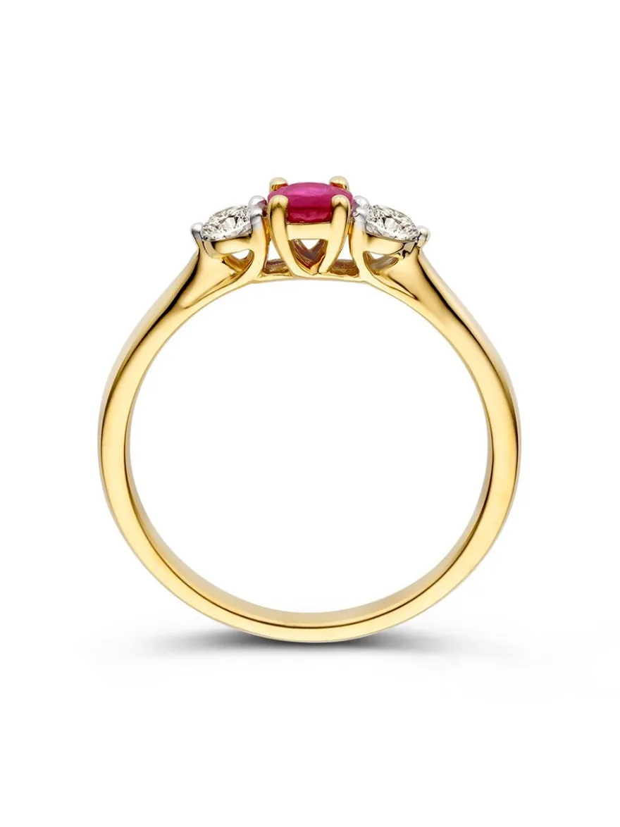 Geelgouden driesteens ring met robijn en briljant + Luxe Cadeau