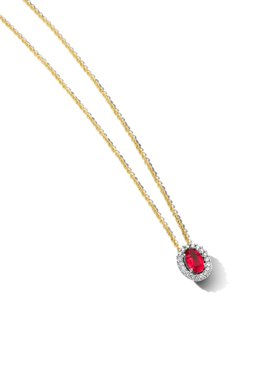 Geelgouden entourage collier robijn en briljant + Luxe cadeau