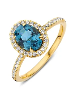 Geelgouden entourage ring met london blue topaas en diamant 0,24crt. + Luxe Cadeau