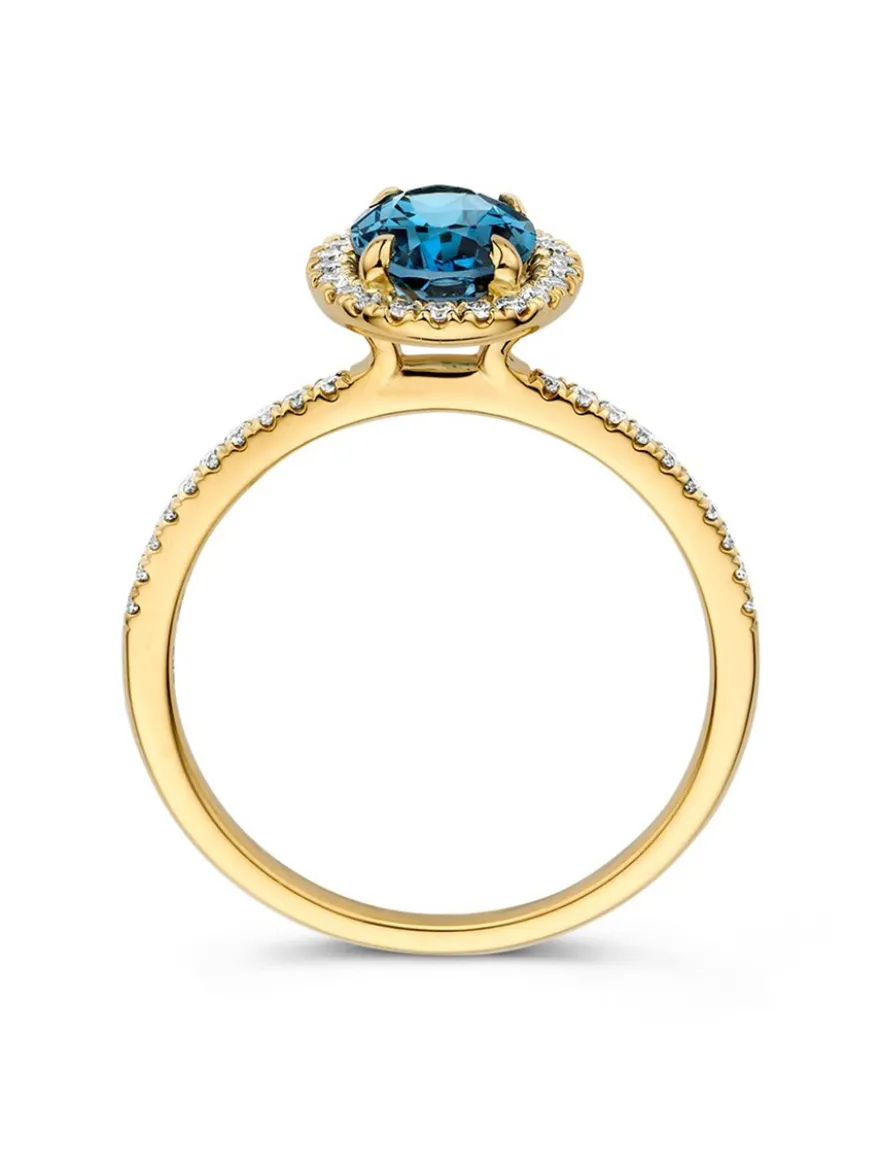 Geelgouden entourage ring met london blue topaas en diamant 0,24crt. + Luxe Cadeau
