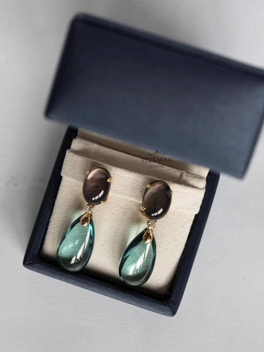 Geelgouden oorhangers met labradoriet en topaas + Luxe cadeau