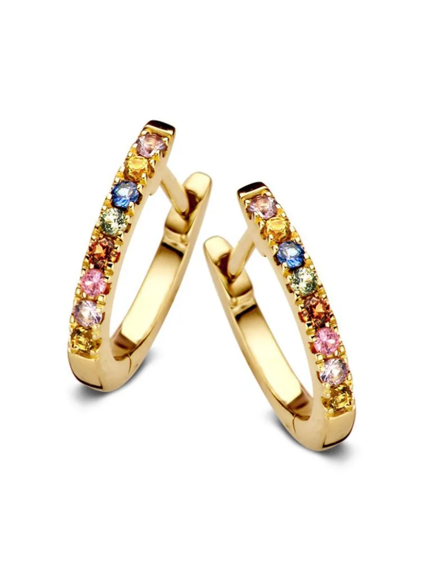 Geelgouden oorringen met regenboog saffier + Luxe Cadeau
