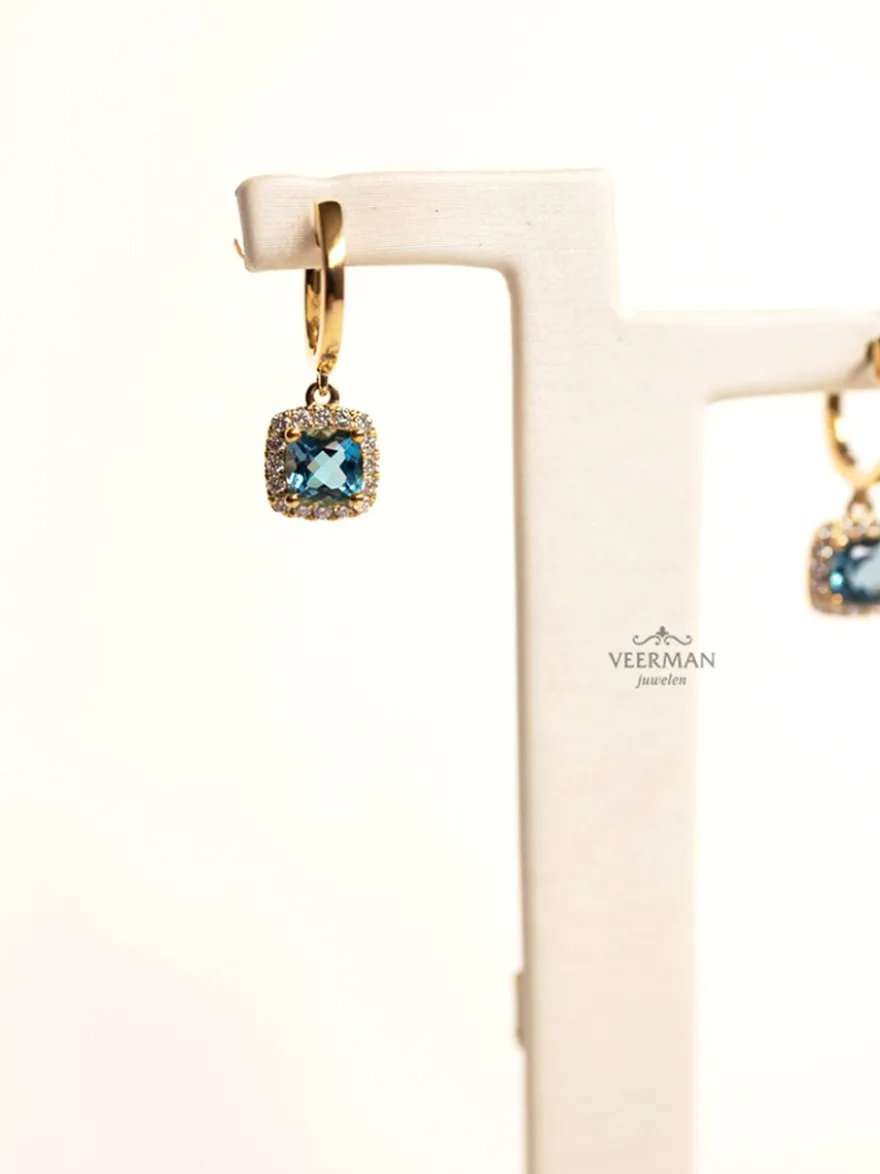 Geelgouden oorsieraad met London Blue topaas + Luxe Cadeau
