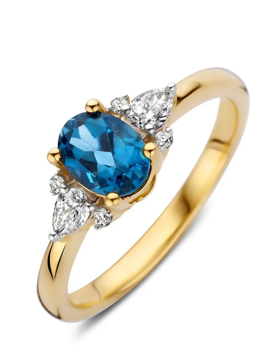 Geelgouden ring met london blue topaas en diamant 0,24crt. + Luxe Cadeau