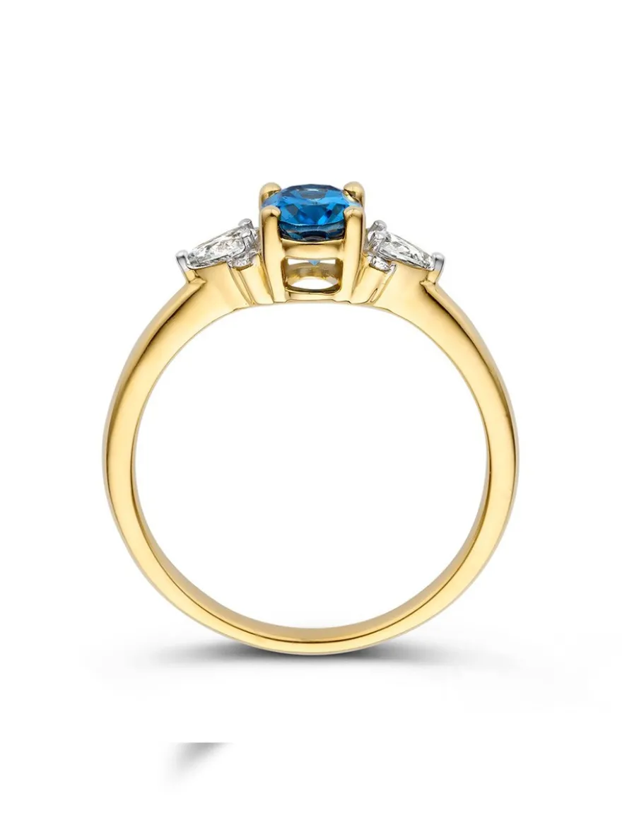 Geelgouden ring met london blue topaas en diamant 0,24crt. + Luxe Cadeau