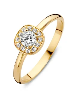 Geelgouden ring met zirkonia in halo zetting + Luxe Cadeau