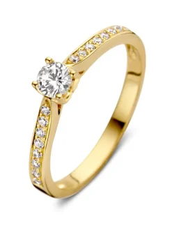 Geelgouden solitair ring zirkonia met hartzetting