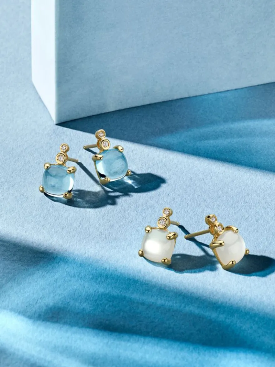 Oorstekers geelgoud maansteen en briljant + Luxe cadeau
