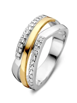 Speelse ring gekruiste baan zilver met goud en zirkonia