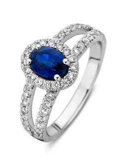 Witgouden entourage ring met diamant en ovale saffier