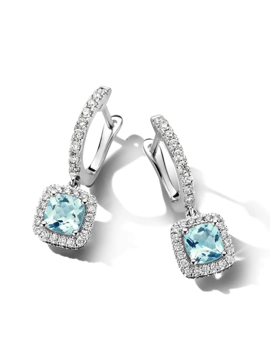 Witgouden oorsieraad met aquamarijn en diamant + Luxe cadeau